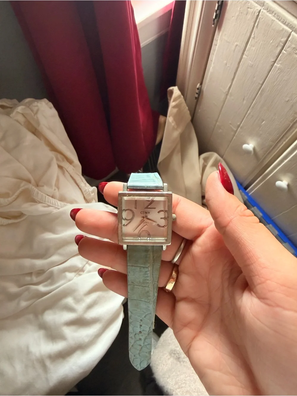 Classic Square Dial Leather-Strap Watch - Light Blue